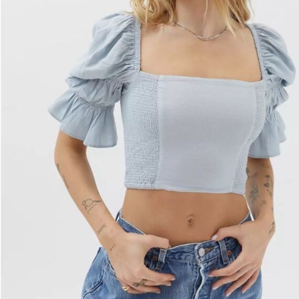Whiteroom Cactus Blue Smocked Puff Sleeve Crop Top Size M NWT Cottagecore 💙